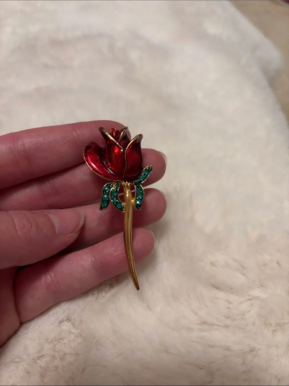 Gold-Tone Red Rose Pin Brooch with Green Accents